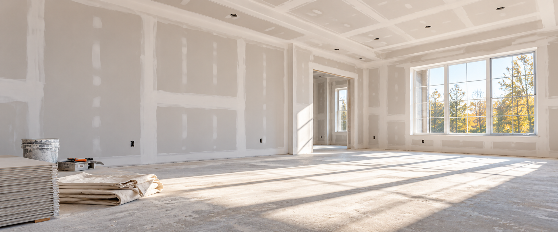 Illustrative home interior with newly installed drywall and natural light